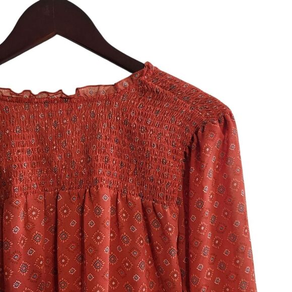 Time & Tru Orange Pleated Sheer Peasant Top Large - Picture 3 of 6